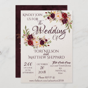 Invitación Pintura de agua con flores de Borgoña - Líneas sim