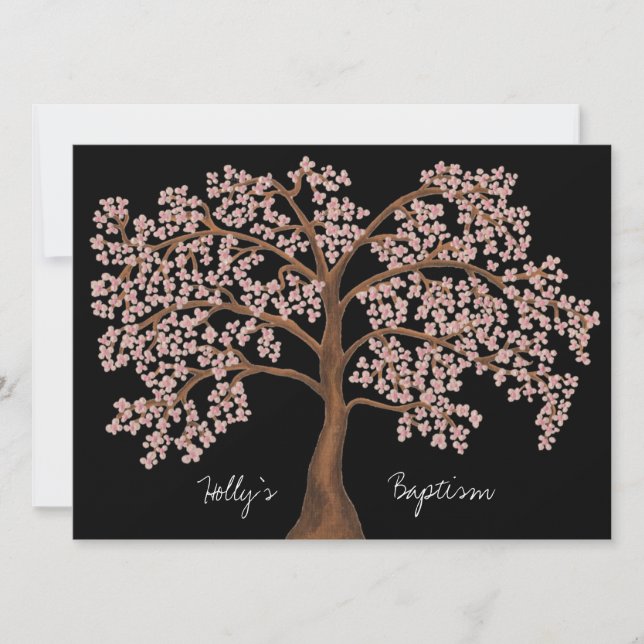 Invitación Pintura de árbol de cerezo rosa de bautizo de baut (Anverso)