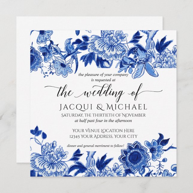 Invitación Pintura de Boda floral azul blanco de influencia a (Anverso / Reverso)