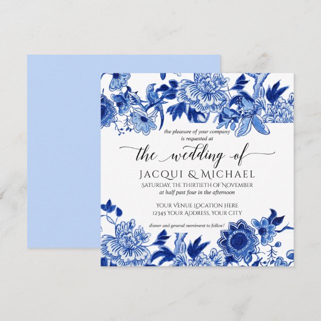 Invitación Pintura de Boda floral azul claro de influencia as (Anverso / Reverso)