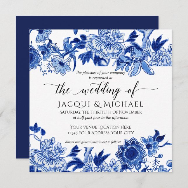 Invitación Pintura de Boda floral azul de influencia asiática (Anverso / Reverso)