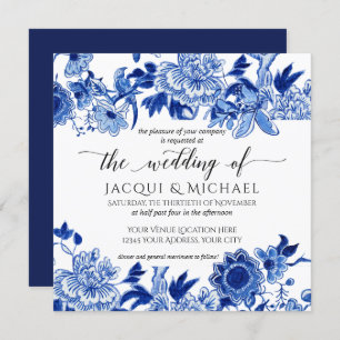 Invitación Pintura de Boda floral azul de influencia asiática