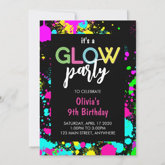 Invitación Pintura de brillo de neón salpicadura Cumpleaños  (Anverso)
