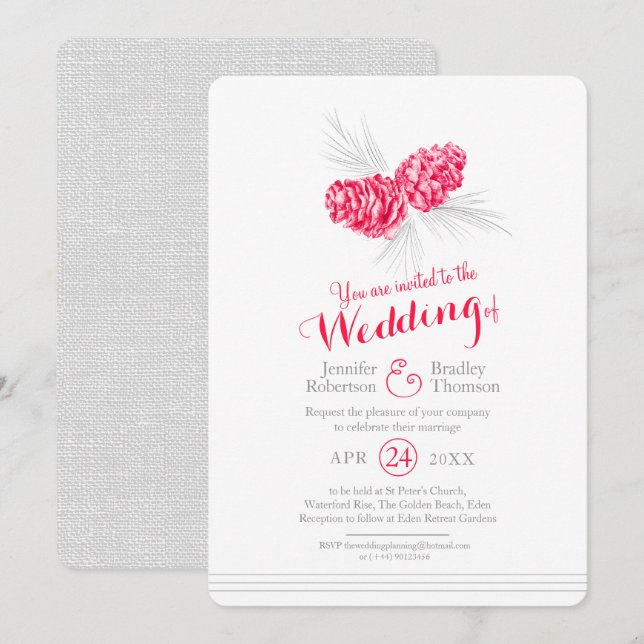 Invitación Pintura de conos de pino dibujando boda gris rojo (Anverso / Reverso)