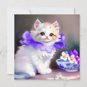 Invitación Pintura de gato blanco con collar de flor púrpura