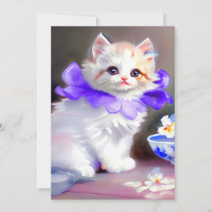 Invitación Pintura de gato blanco con collar de flor púrpura