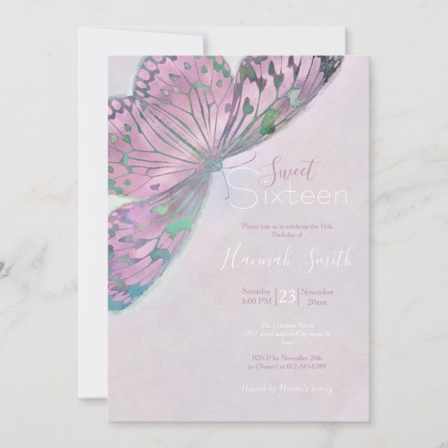 Invitación Pintura de mariposa verde rosa púrpura (Anverso)