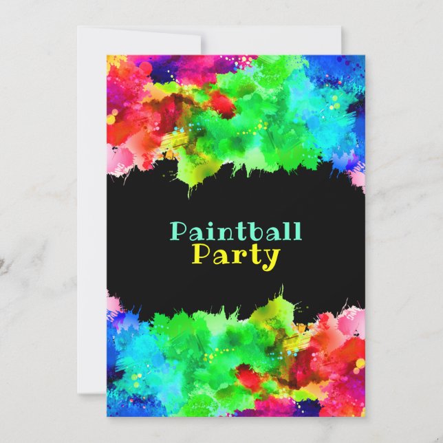 Invitación Pintura de neón salpicada, fiesta de paintball  (Anverso)