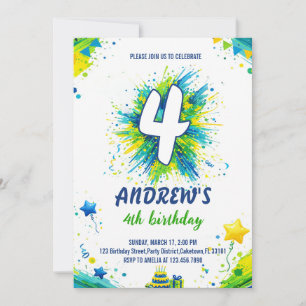 Invitación Pintura de Niño Azul Verde Cumpleaños Salpicadura 
