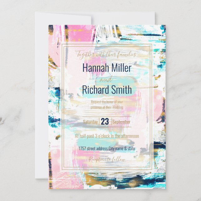 Invitación Pintura de pincel azul rosa y dorado (Anverso)