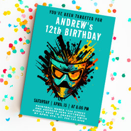 Invitación Pintura de Salpicaduras de Paintball Colorido Turq