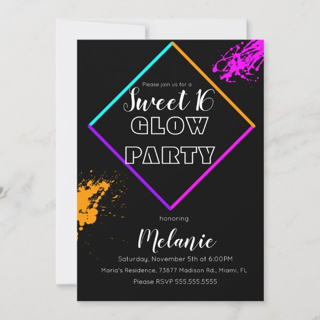 Invitación Pintura láser múltiple de neón de Sweet 16 con bri (Anverso)