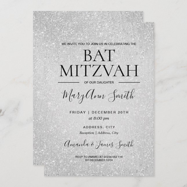 Invitación Pintura moderna de Purpurina de Bat plateado Mitzv (Anverso / Reverso)