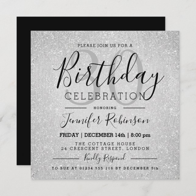 Invitación Pintura Purpurina plateado Glam 30 cumpleaños (Anverso / Reverso)