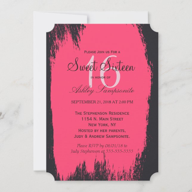 Invitación Pintura rosada neón en negro (Anverso)