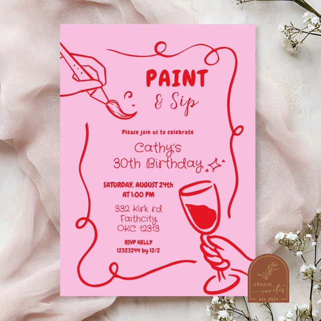 Invitación Pintura y Sip Retro Rosa y Rojo Cumpleaños (Subido por el creador)