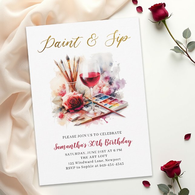 Invitación Pintura y vino Fiesta de Cumpleaños 30 (paint and sip birthday party invitation for women watercolor wine glass red rose elegant chic)