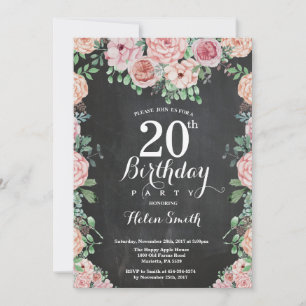 Invitación Pionias rosadas florales Cumpleaños 20 Pizarra