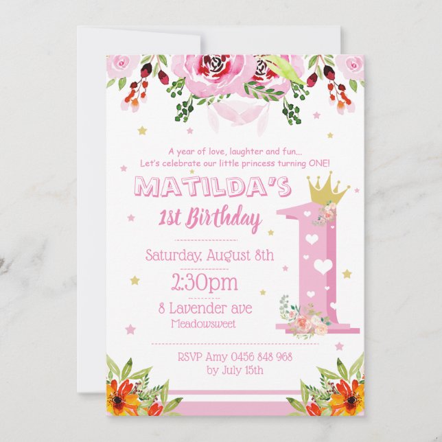 Invitación Pique a primera princesa GIrl Floral Flowers del (Anverso)