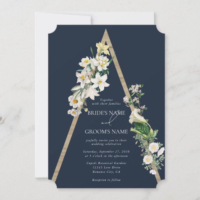 Invitación Pirámide de madera bohemia Boda azul de las flores (Anverso)