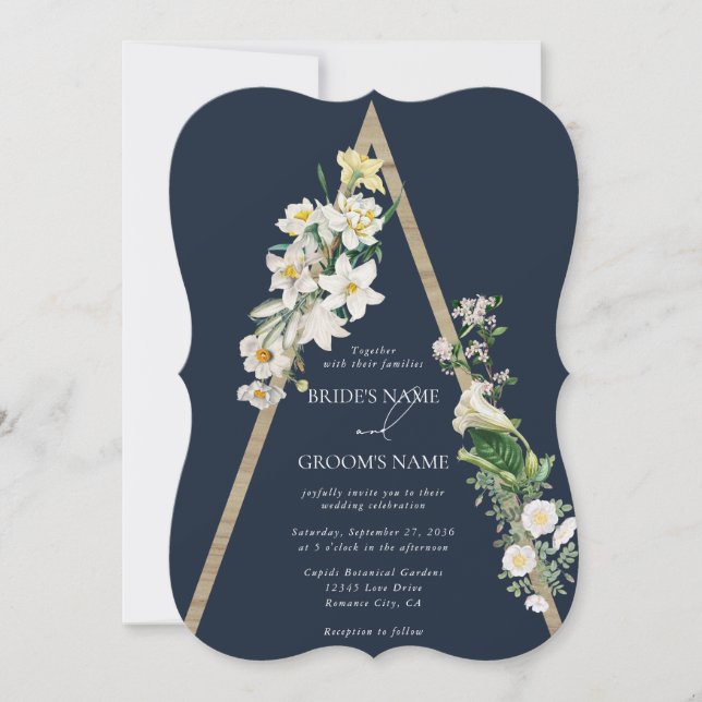 Invitación Pirámide de madera bohemia Boda azul de las flores (Anverso)