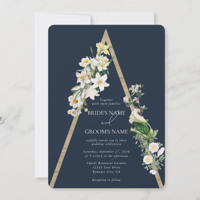 Invitación Pirámide de madera bohemia Boda azul de las flores (Anverso)
