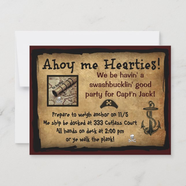 Invitación ¡Pirata Ahoy yo Hearties! El fiesta invita (Anverso)