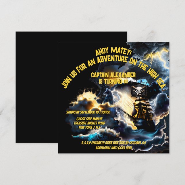 Invitación Pirata bandera fantasma barco tormenta noche mares (Anverso / Reverso)