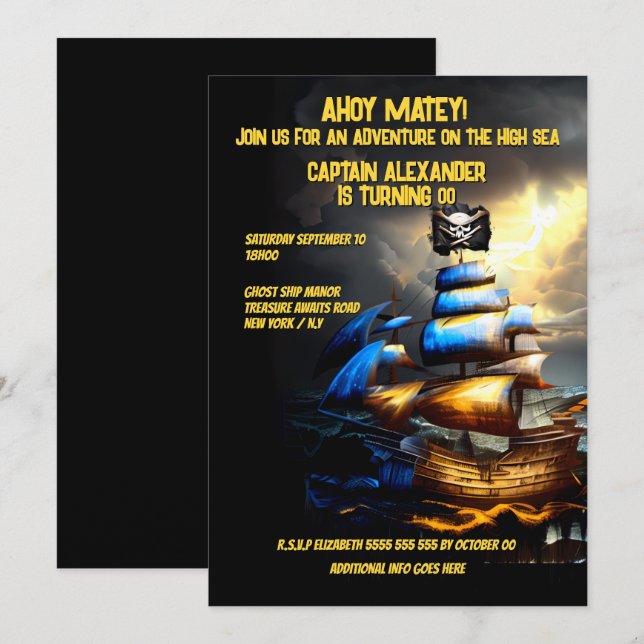 Invitación Pirata barco jolly roger bandera acuarela ahoy mat (Anverso / Reverso)