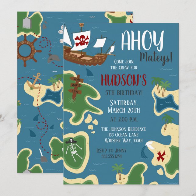 Invitación Pirata Birthday Treasure Map Blue (Anverso / Reverso)