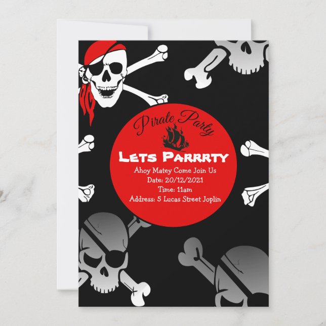 Invitación Pirata calavera y huesos (Anverso)