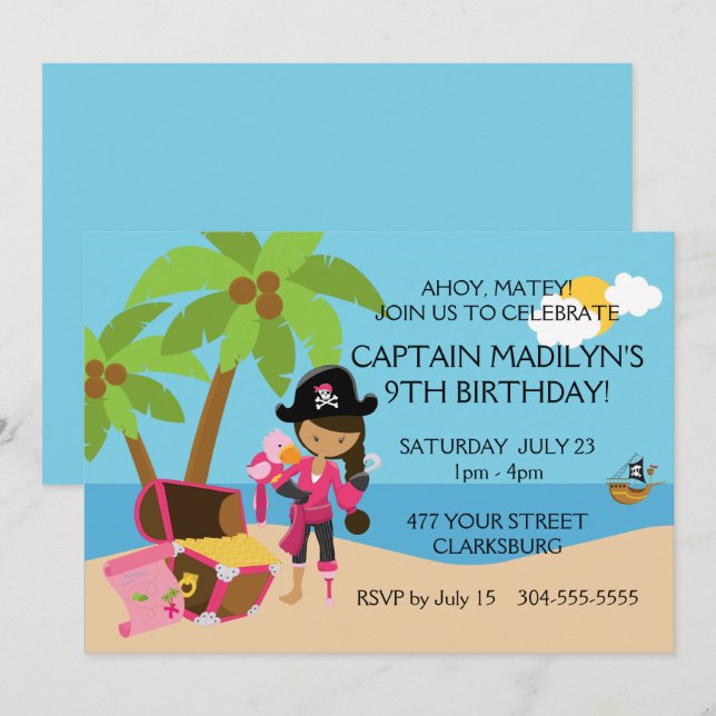 Invitación Pirata con fiesta de cumpleaños de Peg Leg (Anverso / Reverso)