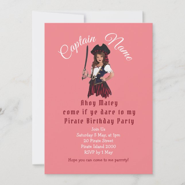 Invitación Pirata de Cumpleaños Rosa (Anverso)