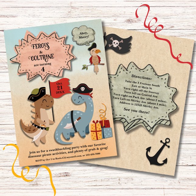 Invitación Pirata de los Dinosaurios Twin Boys Personalizado  (Treat your twins to a Dino Pirate Birthday Party! TRex & Brontosaurus party in their pirate gear.)