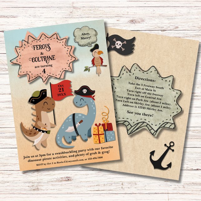 Invitación Pirata de los Dinosaurios Twin Boys Personalizado  (Treat your twins to a Dino Pirate Birthday Party! TRex & Brontosaurus party in their pirate gear.)