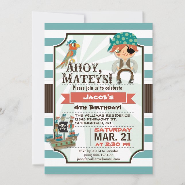 Invitación Pirata, fiesta de cumpleaños del tema del barco pi (Anverso)
