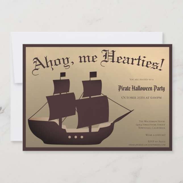Invitación Pirata Fiesta de disfraces de Halloween Barco Oro  (Anverso)