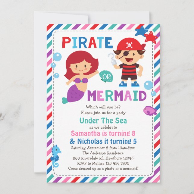 Invitación pirata o sirena, bajo el fiesta del mar (Anverso)