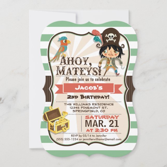 Invitación Pirata; Partido de Cumpleaños Verde, Naranja y Mar (Anverso)