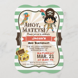 Invitación Pirata; Partido de Cumpleaños Verde, Naranja y Mar