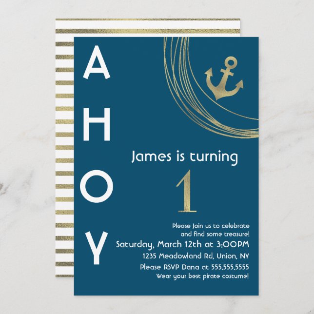Invitación Pirata Primer cumpleaños Faux Gold Anchor Nautical (Anverso / Reverso)