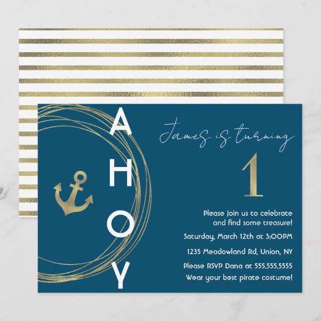 Invitación Pirata Primer cumpleaños Faux Gold Anchor Nautical (Anverso / Reverso)