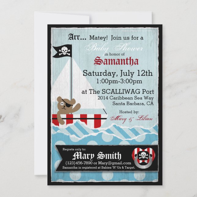 Invitación Pirata Teddy Bear Baby Shower (Reverso)
