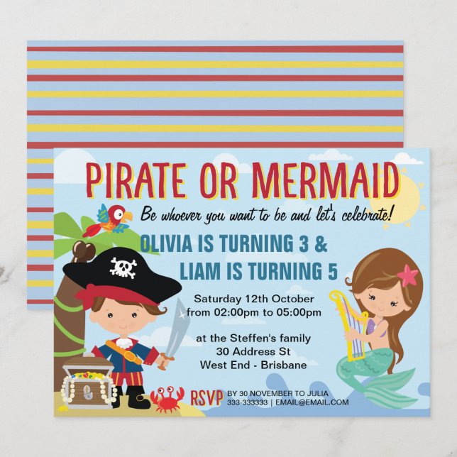 Invitación Pirata y sirena (Anverso / Reverso)