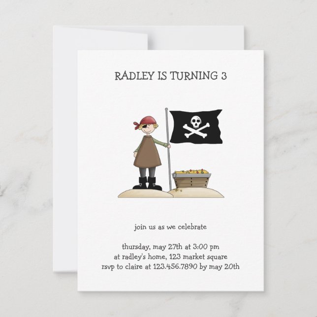 Invitación Piratas: Pirata, bandera y tesoro (Anverso)