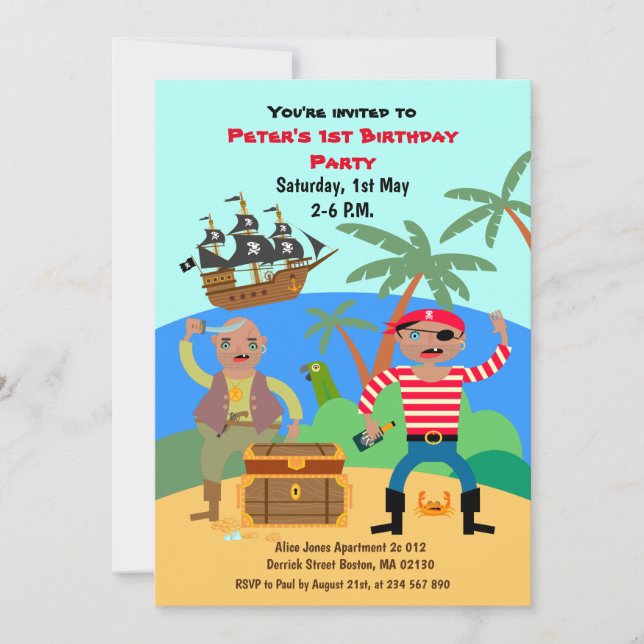 Invitación Piratas y fiesta de cumpleaños del cofre del tesor (Anverso)