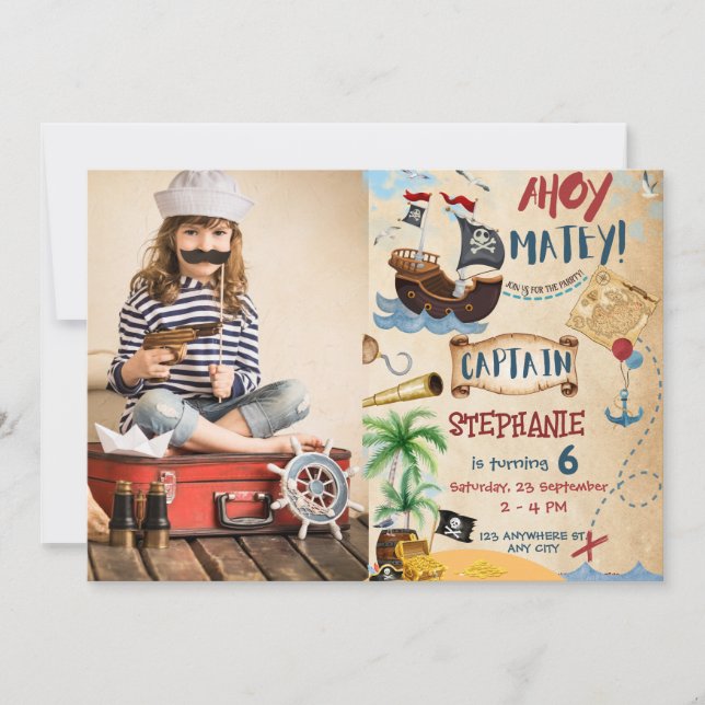 Invitación Pirate Birthday Ahoy Fiesta Pirate Boy (Anverso)