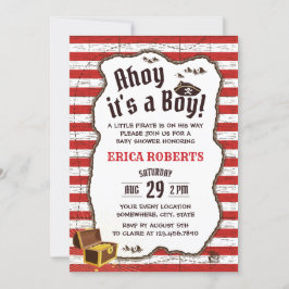 Invitación Pirate Boy Red Stripes Adventure Map Baby Shower