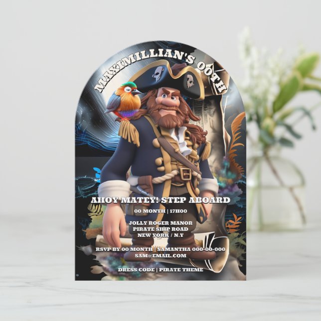 Invitación Pirate captain scroll island boys theme birthday  (Anverso de pie)