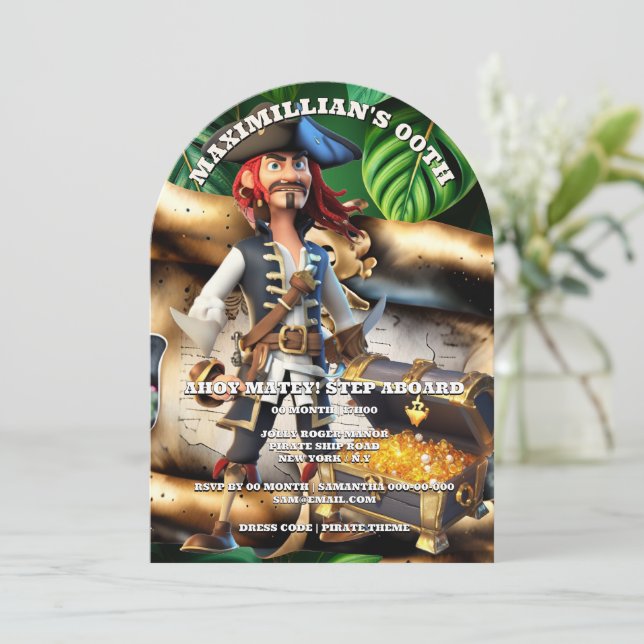 Invitación Pirate captain treasure chest boys theme birthday  (Anverso de pie)